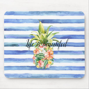 Blaue weiße Streifen tropische Ananas Mousepad