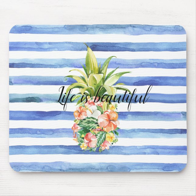 Blaue weiße Streifen tropische Ananas Mousepad (Vorne)