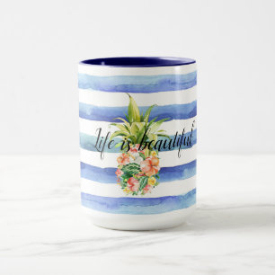 Blaue weiße Streifen tropische Ananas Tasse