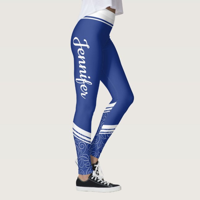 Blaue, weiße Streifen und Name modern mädchenhaft Leggings (Rechts)