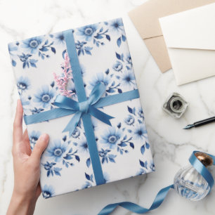 Blaue weiße Toile-Blumen-Hochzeits-Baby-Party Geschenkpapier