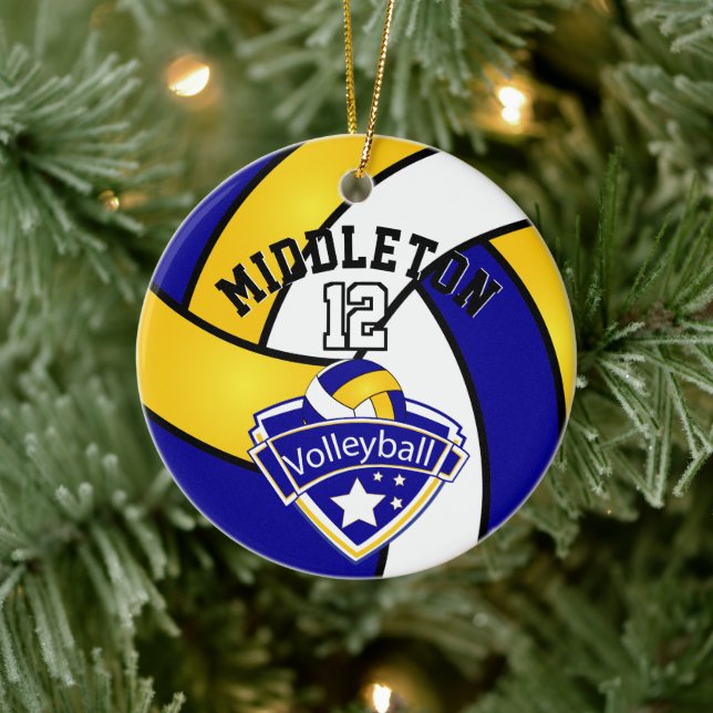 Blaue, weiße und gelbe Sportlogos Volleyball Keramik Ornament (Baum)