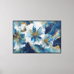 Blaue, weiße und goldene texturierte Blumenmalerei Leinwanddruck