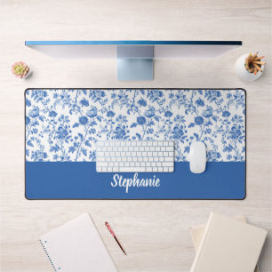Blaue weiße Vintage-Blumenmuster personalisierter Schreibtischunterlage