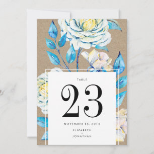 Blaue weiße Vintage-Kraft-Rosen-Hochzeitstisch-Num Einladung