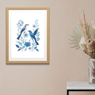 Blaue weiße Vögel und florale Blumen Aquarell  Poster