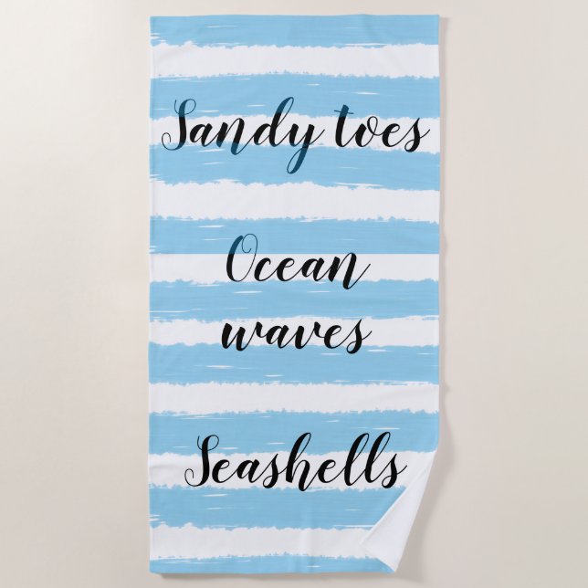 Blaue weiße Wasserfarbe Streifen Strandtypografie Strandtuch (Vorderseite)