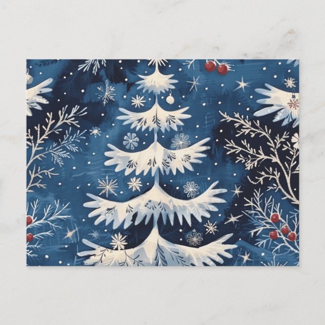 Blaue weiße Weihnachtsbaum-Weihnachtskarte Postkarte (Vorderseite)