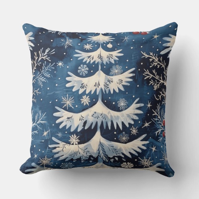 Blaue weiße Weihnachtsbaume Holiday Throw Kissen (Vorderseite)