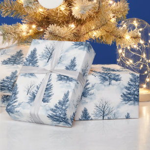 Blaue Weiße Weihnachtskiefern Geschenkpapier