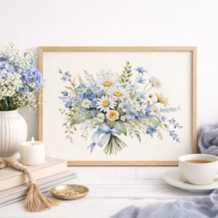 Blaue Weiße Wildblumen-Daisy-Blumenstrauß-Homedeko Poster