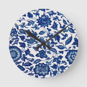 Blaue Weiße Wildblumen Französische Landhaus Chino Runde Wanduhr