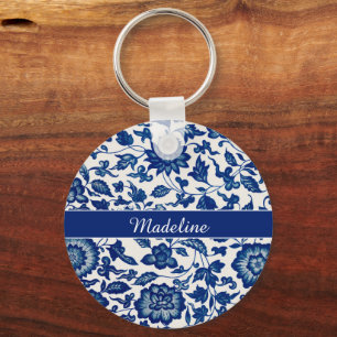 Blaue weiße Wildblumen Französische Landhaus Chino Schlüsselanhänger