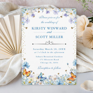 Blaue Weiße Wildblumen & Schmetterlinge Hochzeit Einladung