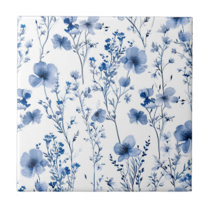 Blaue weiße Wildblumen-Wasserfarben-Blumenmuster Fliese