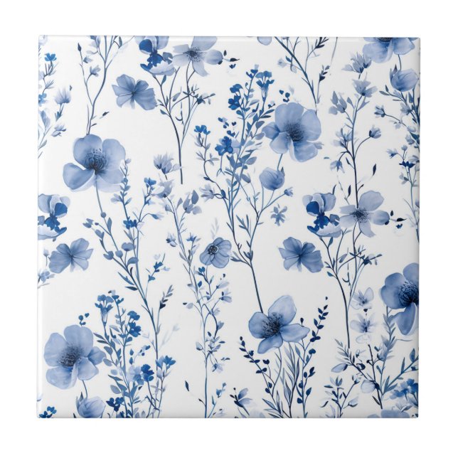 Blaue weiße Wildblumen-Wasserfarben-Blumenmuster Fliese (Vorderseite)