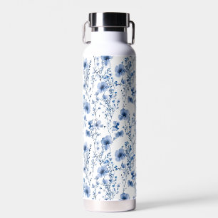 Blaue weiße Wildblumen-Wasserfarben-Blumenmuster Trinkflasche