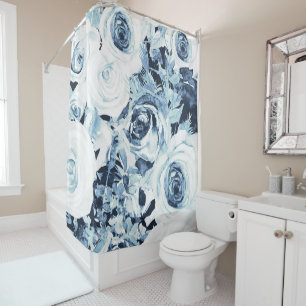 Blaue Weiße Winter Blumen Rosen Vintage Shabby Chi Duschvorhang