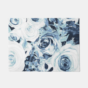 Blaue Weiße Winter Blumen Rosen Vintage Shabby Chi Fußmatte