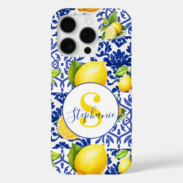 Blaue weiße Zitronen-Fliesenmuster-Monogramm-Name- Case-Mate iPhone Hülle (Rückseite)