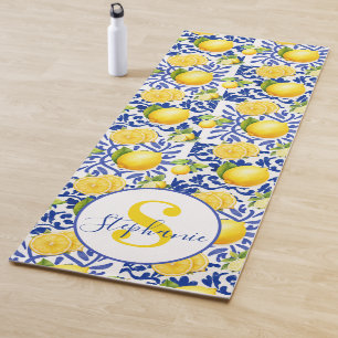 Blaue Weiße Zitronen-Fliesenmuster-Name Monogramm  Yogamatte