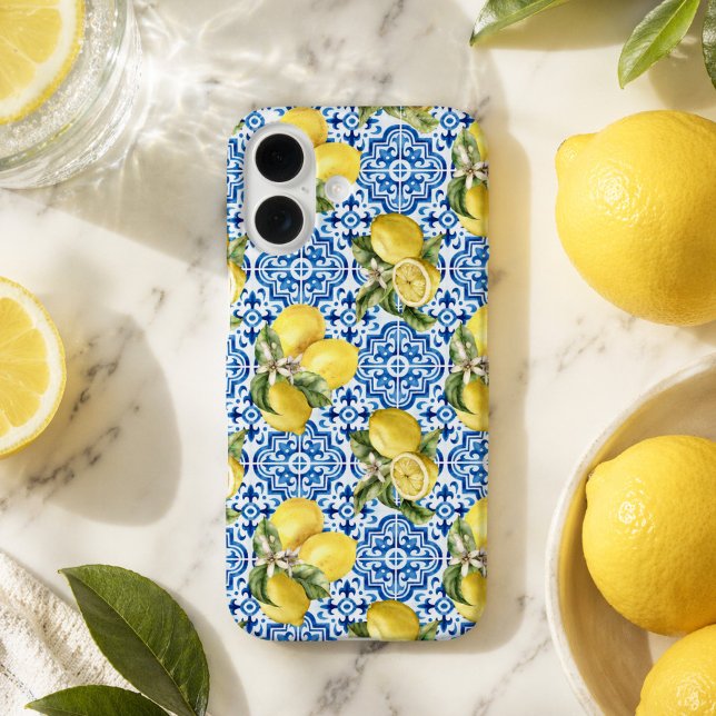 Blaue weiße Zitronenfliese mediterranes Muster Case-Mate iPhone Hülle (Von Creator hochgeladen)