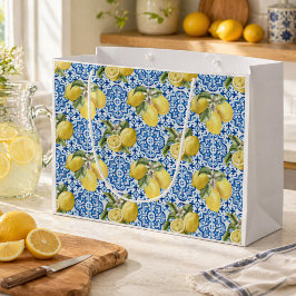 Blaue weiße Zitronenfliese mediterranes Muster Große Geschenktüte