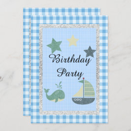 Blaue Weißer Karo Geburtstagsparty zum Thema Nauti Einladung