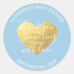 Blaue weißes Goldfolien-Herz-PastellBabyparty Runder Aufkleber