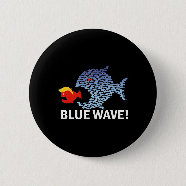 Blaue Welle 2024 Lustiger Großer Fisch frisst Klei Button (Vorderseite)