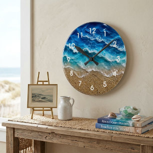 Blaue Welle Harz-Look-Strand Sand nummeriert Runde Wanduhr