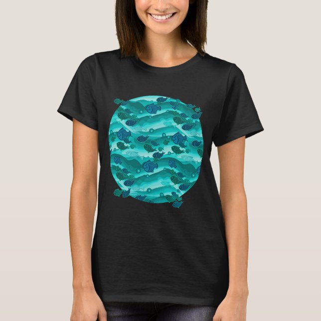 Blaue Wellen Fisch Muster T-Shirt (Vorderseite)