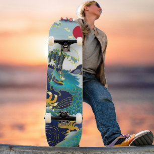 Blaue Wellen Grüner Drache Rote Sonne Skateboard