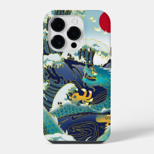Blaue Wellen Grüner Drache Rote Sonne Skateboard iPhone 14 Pro Hülle