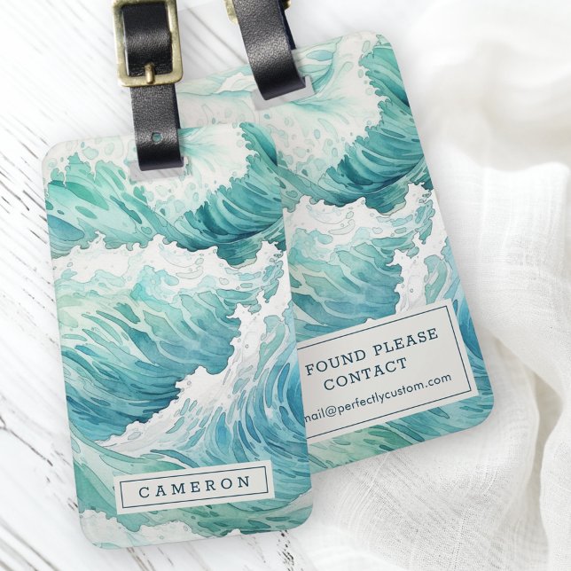 Blaue Wellen individuelle Name Gepäckanhänger (Watercolor blue waves custom name luggage tag)