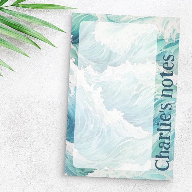 Blaue Wellen individuelle Name Post-it Klebezettel (Watercolor blue waves custom name post-it notes)