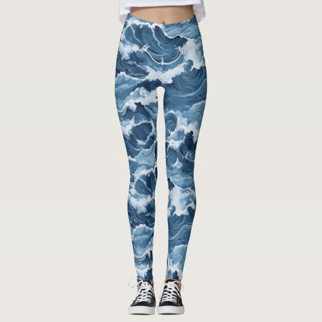Blaue Wellenmuster Leggings (Vorderseite)
