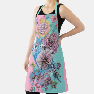 Blaue Wellensittich-Blumenrosen Rosa florale Küche Schürze