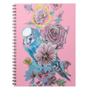 Blaue Wellensittich-Rose-Wasserfarbe-Rosa-Vogel-No Notizblock