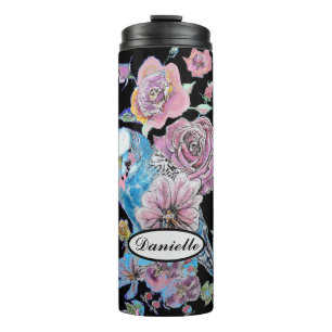 Blaue Wellensittich-Rosen-Aquarell-Blumenkunst Thermosbecher