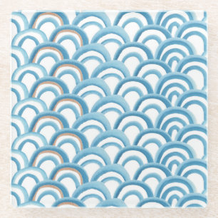 Blaue Wellenwasserfarbe, nahtlose Malerei. Glasuntersetzer