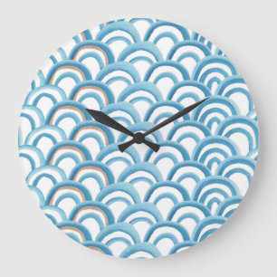 Blaue Wellenwasserfarbe, nahtlose Malerei. Große Wanduhr
