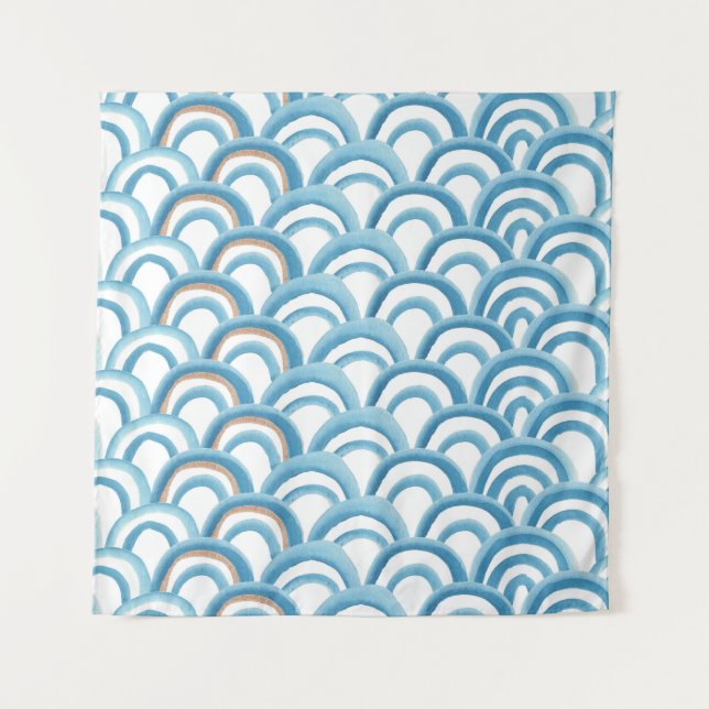 Blaue Wellenwasserfarbe, nahtlose Malerei. Wandteppich (Vorderseite)