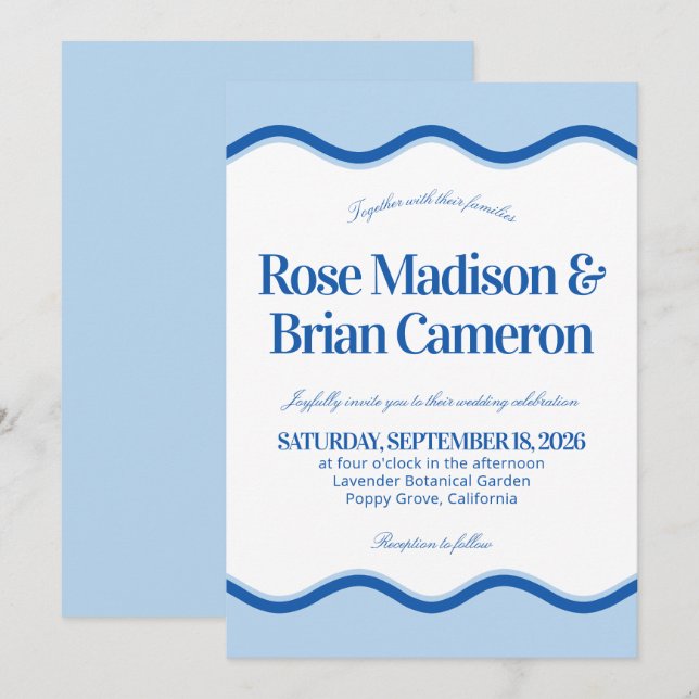 Blaue Wellige Cabana Hochzeitskarten Einladung (Vorne/Hinten)