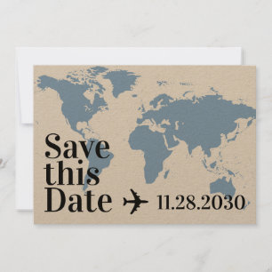 Blaue Weltkarte und Flugzeug Herz Fett Destination Save The Date