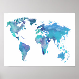 Blaue Weltkarte von Watercolor Poster