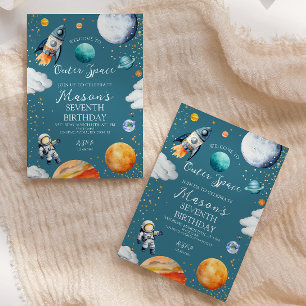 Blaue Weltraumrakete & Astronauten Kindergeburtsta Einladung