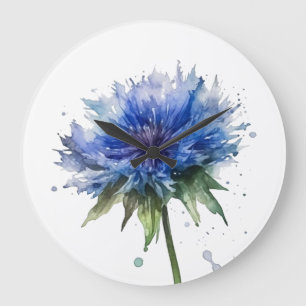Blaue Wiese Magie: Aquarellblume Kunst Große Wanduhr