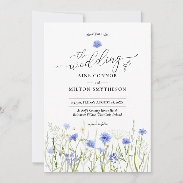 Blaue Wildblume Hochzeit, würdevoller Schriftart,  Einladung (Vorderseite)