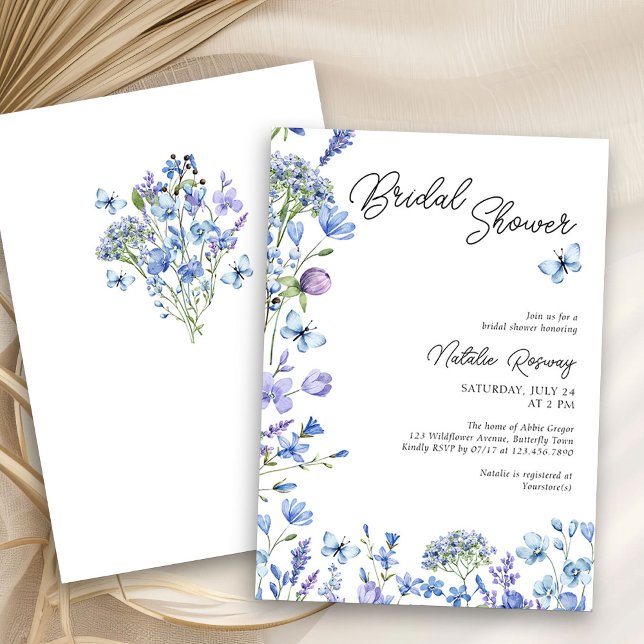 Blaue Wildblume Modernes Brautparty mit Schrift Einladung (Floral Bridal Shower invitation from my Blue Wildflower Bridal Shower Collection )